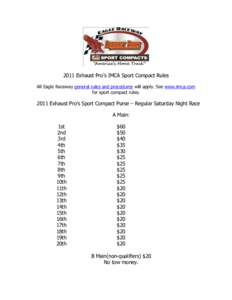 2011 Exhaust Pro’s IMCA Sport Compact Rules All Eagle Raceway general rules and procedures will apply. See www.imca.com for sport compact rules[removed]Exhaust Pro’s Sport Compact Purse – Regular Saturday Night Race 