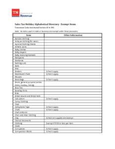 Sales Tax Holiday Alphabetical Directory:  Exempt Items