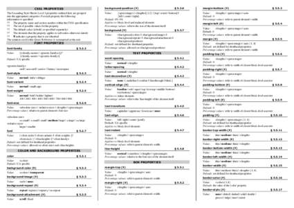 background-position (¥)  CSS1 PROPERTIES The Cascading Style Sheets Level 1 properties outlined here are grouped into the appropriate categories. For each property the following information is specified: