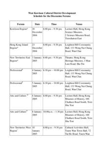 West Kowloon Cultural District Development Schedule for the Discussion Forums Forum Date