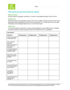 Name: _____________________________________  The food we eat; the food we waste What you need Writing materials, scrap paper, calculators, or access to a spreadsheet program and the internet