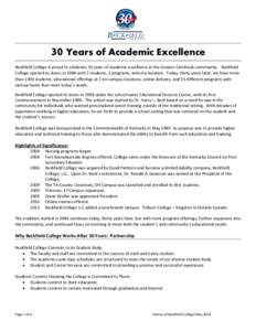 30 Years of Academic Excellence Beckfield College is proud to celebrate 30 years of academic excellence in the Greater Cincinnati community. Beckfield College opened its doors in 1984 with 2 students, 2 programs, and one