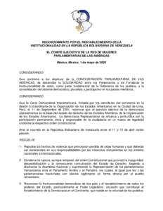 RECONOCIMIENTO POR EL RESTABLECIMIENTO DE LA INSTITUCIONALIDAD EN LA REPBLICA BOLIVARIANA DE VENEZUELA