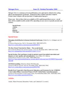 Nitrogen News  Issue 15, October/November 2010 Nitrogen News is a summary of recent publications, news and reports related to the cycling, effects and management of nitrogen. Prepared by Mary O’Brien and Jana Compton.