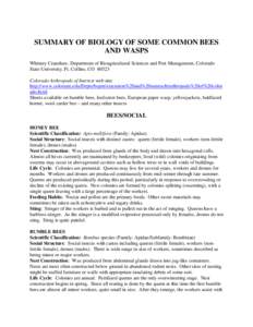 SUMMARY OF BIOLOGY OF SOME COMMON BEES AND WASPS Whitney Cranshaw, Department of Bioagricultural Sciences and Pest Management, Colorado State University, Ft. Collins, CO[removed]Colorado Arthropods of Interest web site: ht