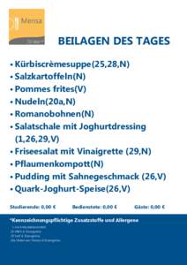 BEILAGEN DES TAGES • Kürbiscrèmesuppe(25,28,N) • Salzkartoffeln(N) • Pommes frites(V) • Nudeln(20a,N) • Romanobohnen(N)