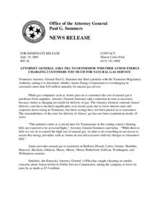Office of the Attorney General Paul G. Summers NEWS RELEASE FOR IMMEDIATE RELEASE Sept. 19, 2005
