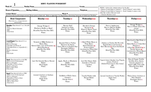 MENU- PLANNING WORKSHEET 1 Week Of ________________ Facility Name____________________________________________________________ County__________________ Hours of Operation_________ Mailing Address__________________________