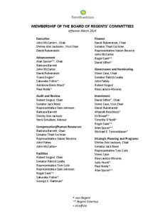 MEMBERSHIP OF THE BOARD OF REGENTS’ COMMITTEES effective March 2014 Executive John McCarter+, Chair Shirley Ann Jackson+, Vice Chair David Rubenstein