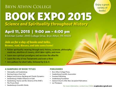 Bryn Athyn College  Book Expo 2015 Science and Spirituality throughout History