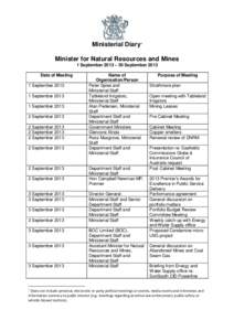 Ministerial Diary1 Minister for Natural Resources and Mines 1 September 2013 – 30 September 2013 Date of Meeting 1 September[removed]September 2013