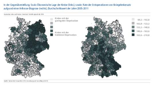 In der Gegenüberstellung: Sozio-Ökonomische Lage der Kreise (links); sowie: Rate der Erstoperationen von Kniegelenkersatz aufgrund einer Arthrose-Diagnose (rechts), Durchschnittswert der Jahre[removed]Deprivations-In