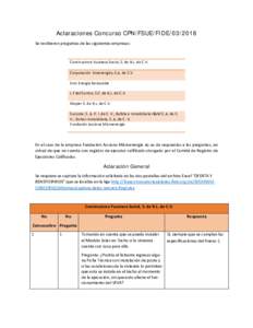 Aclaraciones Concurso CPN/FSUE/FIDESe recibieron preguntas de las siguientes empresas: Constructora Yucateca Social, S. de R.L. de C.V. Corporación Ecoenergiza, S.A. de C.V. Eres Energía Renovable