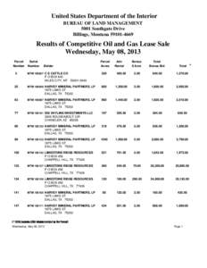 United States Department of the Interior BUREAU OF LAND MANAGEMENT 5001 Southgate Drive Billings, Montana[removed]Results of Competitive Oil and Gas Lease Sale