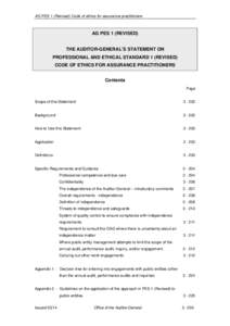 AG PES 1 (Revised) Code of ethics for assurance practitioners  AG PES 1 (REVISED) THE AUDITOR-GENERAL’S STATEMENT ON PROFESSIONAL AND ETHICAL STANDARD 1 (REVISED)