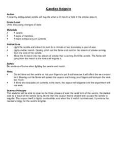 Candles Reignite Action A recently extinguished candle will reignite when a lit match is held in the smoke stream. Grade Level Units discussing changes of state. Materials