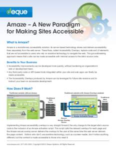 Amaze – A New Paradigm for Making Sites Accessible What is Amaze? Amaze is a revolutionary accessibility solution: its server-based technology stores and delivers accessibility fixes separately from the web server. The
