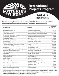 Recreational Projects Program FALL 2010 RECIPIENTS The Yukon Lottery Commission is reinvesting $318,237 of lottery revenues into Yukon communities with funding assistance to arts, sports and recreation projects.