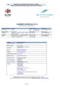 Destinations and schedules are subject to change. Latest information should be sought from the airline directly. SUMMER SCHEDULE 2015 From 29 March – 24 October 2015 AIRLINE/OPERATOR