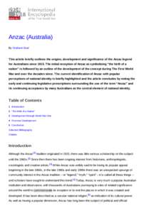 Anzac (Australia) By Graham Seal This article briefly outlines the origins, development and significance of the Anzac legend for Australians sinceThe initial reception of Anzac as symbolizing “the birth of a nat