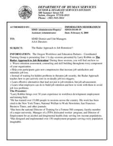 DEPARTMENT OF HUMAN SERVICES SENIOR & DISABLED SERVICES DIVISION 500 Summer Street NE Salem, Oregon[removed]Phone: ([removed]