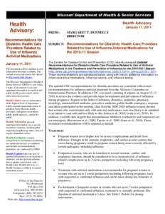 Missouri Department of Health & Senior Services  Health Advisory: Recommendations for Obstetric Health Care