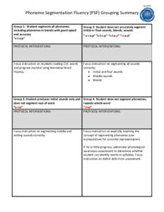 KS MTSS  Phoneme Segmentation Fluency (PSF) Grouping Summary Group 1: Student segments all phonemes including phonemes in blends with good speed and accuracy