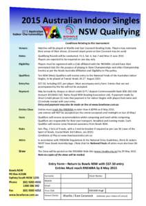2015 Australian Indoor Singles NSW Qualifying Conditions Relating to this tournament Venues:  Matches will be played at Warilla and East Cessnock Bowling Clubs. Players may nominate
