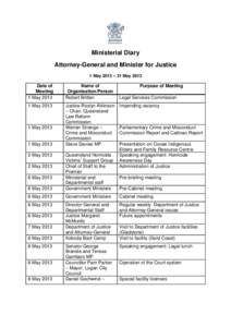 Ministerial Diary Attorney-General and Minister for Justice 1 May 2013 – 31 May 2013 Date of Meeting