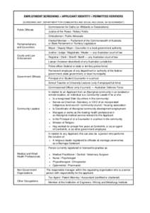 EMPLOYMENT SCREENING – APPLICANT IDENTITY – PERMITTED VERIFIERS (SCREENING UNIT , DEPARTMENT FOR COMMUNITIES AND SOCIAL INCLUSION, SA GOVERNMENT ) Commissioner for Oaths (or Affidavits or Declarations) Public Officia