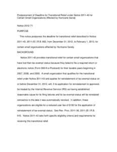 Postponement of Deadline for Transitional Relief under Notice[removed]for Certain Small Organizations Affected by Hurricane Sandy