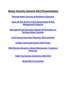 Water Security Summit 2013 Presentations Drinking Water Security & Resilience Standards Clean Air Act Section 112(r) General Duty & Risk Management Program Operational and Economic Impacts of Hurricanes on Drinking Water