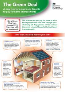The Green Deal A new way for owners and tenants to pay for home improvements Get a Green Deal from