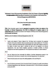 Submission in view of the upcoming Consideration of the List of issues on Germany regarding its Implementation of the International Convention for the Protection of All Persons from Enforced Disappearance (CED/C/DEU/1) b