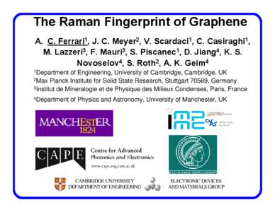 The Raman Fingerprint of Graphene A. C. Ferrari1, J. C. Meyer2, V. Scardaci1, C. Casiraghi1, M. Lazzeri3, F. Mauri3, S. Piscanec1, D. Jiang4, K. S. Novoselov4, S. Roth2, A. K. Geim4 1Department
