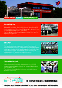 DEMONSTRATION RESEARCH SHARING KNOWLEDGE  DEMONSTRATION On 5000 m2 we have 23 participating companies who give insights in their latest technological innovations (logistics, lighting, water, climate, etc.) which are need