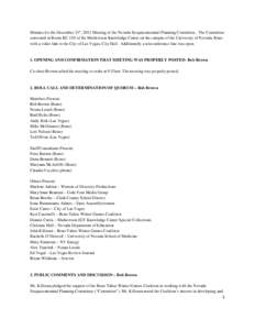 Minutes for the December 21st, 2012 Meeting of the Nevada Sesquicentennial Planning Committee. The Committee convened in Room KC 110 of the Mathewson Knowledge Center on the campus of the University of Nevada, Reno with 