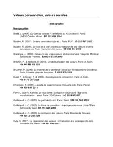 Valeurs personnelles, valeurs sociales… Bibliographie Monographies Bindé, J[removed]Où vont les valeurs? : entretiens du XXIe siècle II. Paris: UNESCO/Albin Michel. BD 232 O98 2004 Boudon, R[removed]Le sens des va