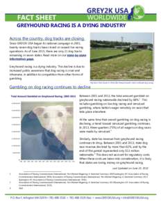 GREYHOUND RACING IS A DYING INDUSTRY Across the country, dog tracks are closing Since GREY2K USA began its national campaign in 2001, twenty-seven dog tracks have closed or ceased live racing operations. As of June 2015,