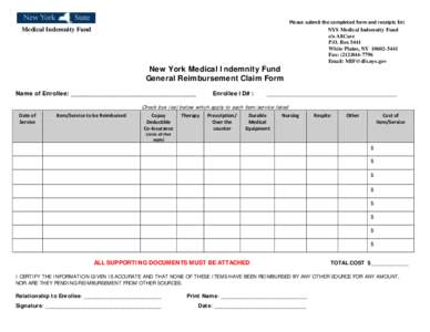 New York Medical Indemnity Fund - General Reimbursement Claim Form