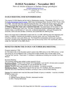D-OGS Newsletter – November 2012 News & Articles of Interest to Durham-Orange genealogists  PO Box 4703, Chapel Hill, NCdues – $President – Fred Mowry