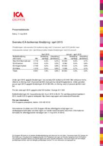 Pressmeddelande Solna, 11 maj 2015 Svenska ICA-butikernas försäljning i april 2015 Försäljningen i de svenska ICA-butikerna steg med 1,9 procent i april 2015 jämfört med motsvarande månad i fjol. I jämförbara bu