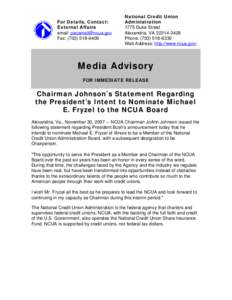Media Advisory - Chairman Johnson’s Statement Regarding the President’s Intent to Nominate Michael E. Fryzel to the NCUA Board