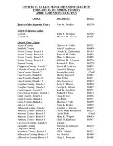 OFFICES TO BE ELECTED AT 2015 SPRING ELECTION FEBRUARY 17, 2015 SPRING PRIMARY APRIL 7, 2015 SPRING ELECTION INCUMBENT  ID-NO.