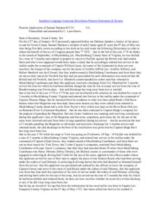 Southern Campaign American Revolution Pension Statements & Rosters Pension Application of Samuel Durham R3135 Transcribed and annotated by C. Leon Harris. VA