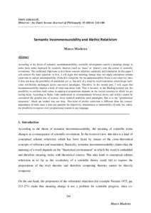 ISSN 1393-614X Minerva - An Open Access Journal of Philosophy): ____________________________________________________ Semantic Incommensurability and Alethic Relativism Marco Marletta