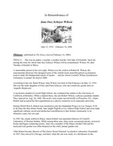 In Remembrance of Jane Inez Scheyer Wilson June 12, 1916 – February 14, 2006  Obituary (published in The Ithaca Journal February 16, 2006)