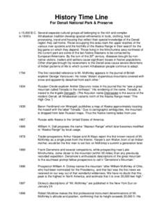 History Time Line For Denali National Park & Preserve c.15,000 B.C. Several separate cultural groups all belonging to the rich and complex to 1900’s Athabaskan tradition develop special refinements in tools, clothing, 