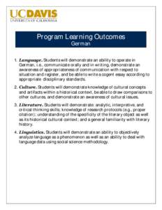 Program Learning Outcomes German 1. Language. Students will demonstrate an ability to operate in German, i.e., communicate orally and in writing, demonstrate an awareness of appropriateness of communication with respect 