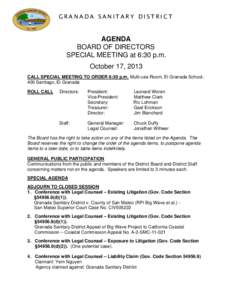GRANADA SANITARY DISTRICT  AGENDA BOARD OF DIRECTORS SPECIAL MEETING at 6:30 p.m. October 17, 2013